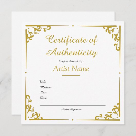 Gold-echtheidscertificaat voor kunst (Voorkant / Achterkant)