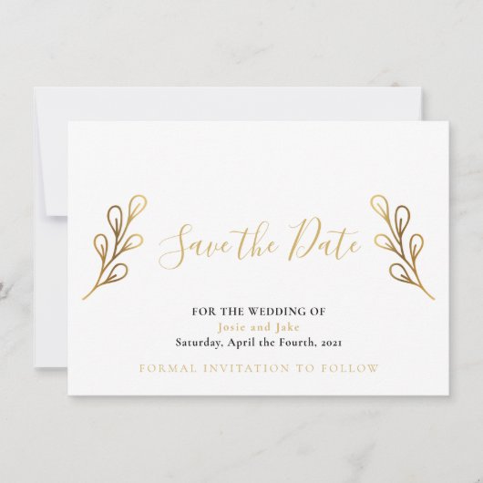 Gold-effect-bladen bewaren de datumkaart save the date (Voorkant)