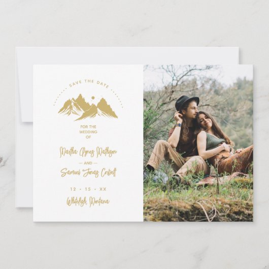 Gold Effect Boho Rustic Mountains Photo Wedding Save The Date (Voorkant)