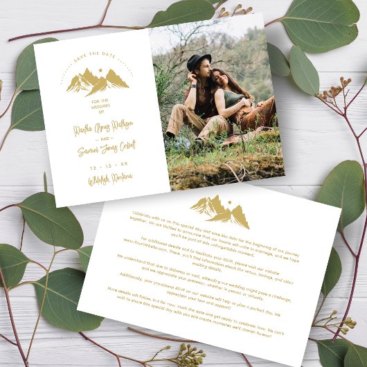 Gold Effect Boho Rustic Mountains Photo Wedding  Save The Date