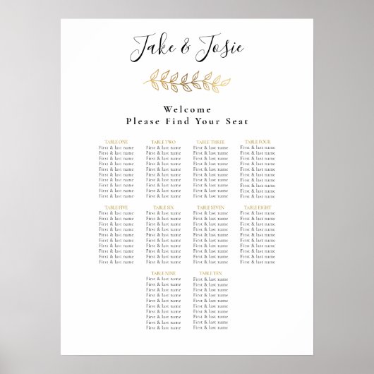 Gold effect leaf Elegant Wedding Seding Chart Poster (Voorkant)