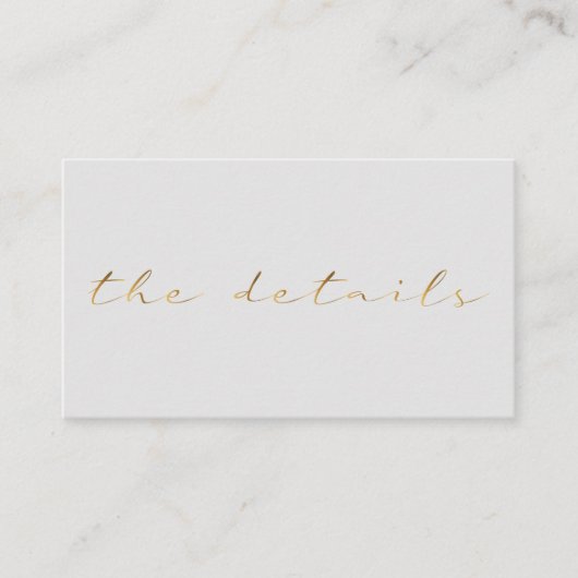 Gold effect script, de details licht grijs informatiekaartje (Voorkant)