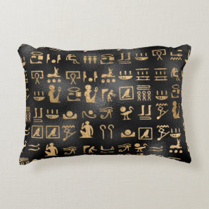 Gold Egyptian Hieroglyphics on Black Accent Kussen