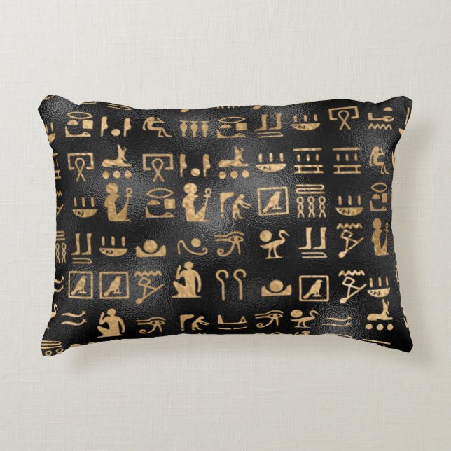 Gold Egyptian Hieroglyphics on Black Accent Kussen (Voorkant)