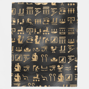 Gold Egyptian Hieroglyphics on Black Fleece Deken