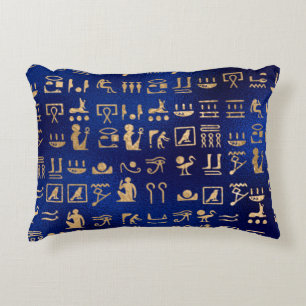 Gold Egyptian Hieroglyphics on Blue Accent Kussen