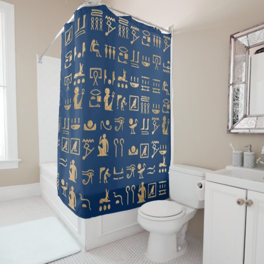Gold Egyptian Hieroglyphics on Blue Douchegordijn (In situ)