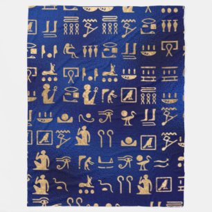 Gold Egyptian Hieroglyphics on Blue Fleece Deken
