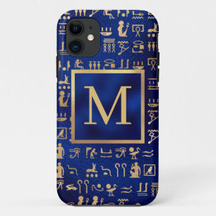 Gold Egyptian Hieroglyphics on Blue Intial Case-Mate iPhone Case