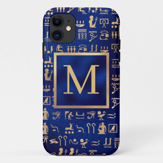 Gold Egyptian Hieroglyphics on Blue Intial Case-Mate iPhone Case (Achterkant)