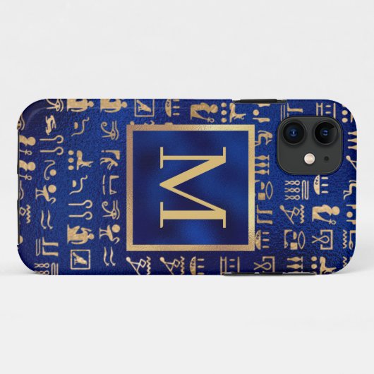 Gold Egyptian Hieroglyphics on Blue Intial Case-Mate iPhone Case (Achterkant (horizontaal))