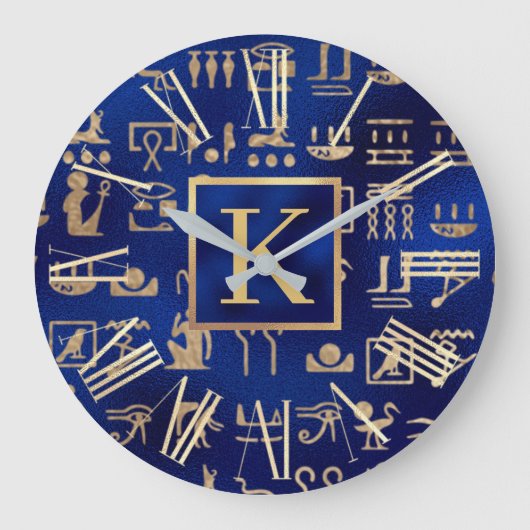 Gold Egyptian Hieroglyphics on Blue Intial Grote Klok (Voorkant)