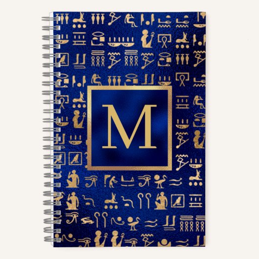 Gold Egyptian Hieroglyphics on Blue Intial Notitieboek (Voorkant)