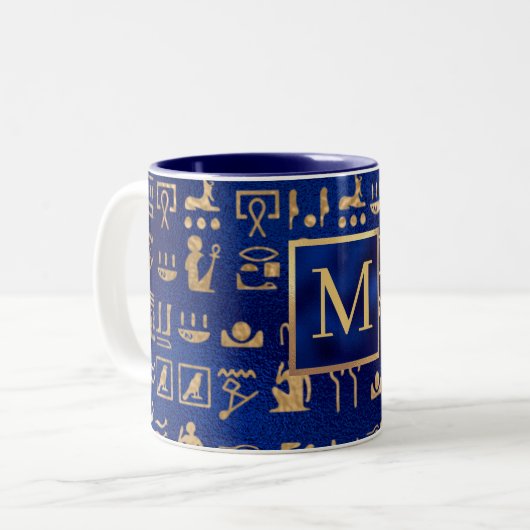 Gold Egyptian Hieroglyphics on Blue Intial Tweekleurige Koffiemok (Voorkant links)