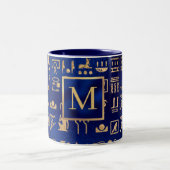 Gold Egyptian Hieroglyphics on Blue Intial Tweekleurige Koffiemok (Center)