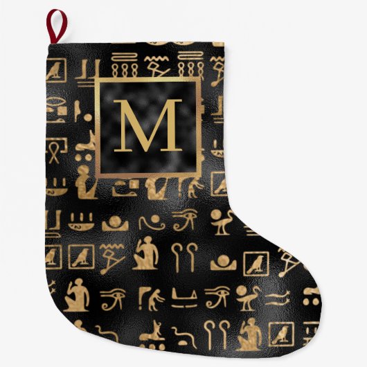 Gold Egyptian Hieroglyphics op Black Monogram Grote Kerstsok (Voorkant)