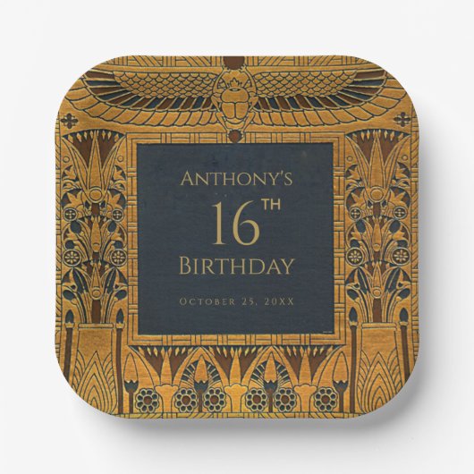 Gold Egyptian Thema Birthday Elegant  Blue Papieren Bordje (Voorkant)