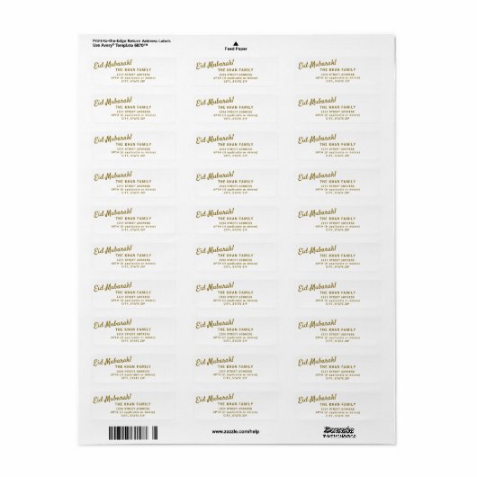 Gold Eid Mubarak Retouradres Sticker Label (Full Sheet)