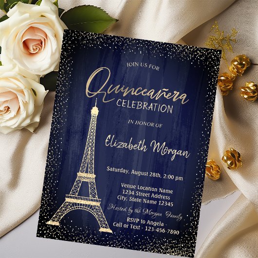 Gold Eiffel Tower Confetti Navy Blue Quinceanera Kaart