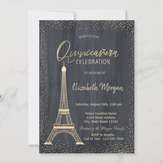 Gold Eiffel Tower Confetti Quinceanera Kaart (Voorkant)