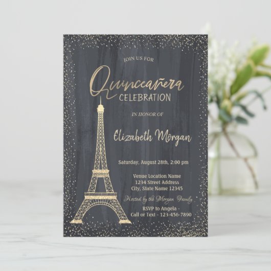 Gold Eiffel Tower Confetti Quinceanera Kaart (Staand voorkant)