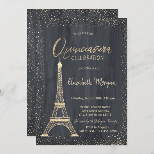 Gold Eiffel Tower Confetti Quinceanera Kaart (Voorkant / Achterkant)
