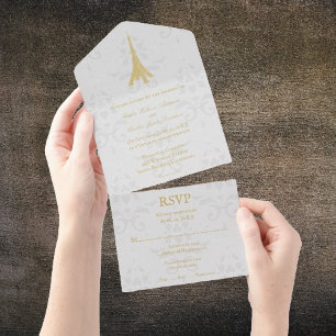 Gold Eiffel Tower Damask All-in-One Weddenschap All In One Uitnodiging