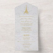 Gold Eiffel Tower Damask All-in-One Weddenschap All In One Uitnodiging (Binnen)