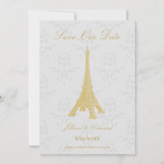Gold Eiffel Tower Damask slaat de datum op Aankondiging (Voorkant)