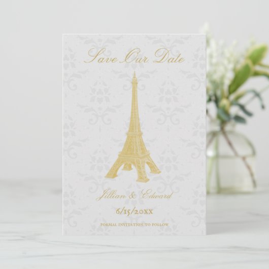 Gold Eiffel Tower Damask slaat de datum op Aankondiging (Staand voorkant)