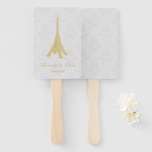Gold Eiffel Tower Damask Wedding Favor Hand Fan Handwaaier (Voorkant en achterkant)