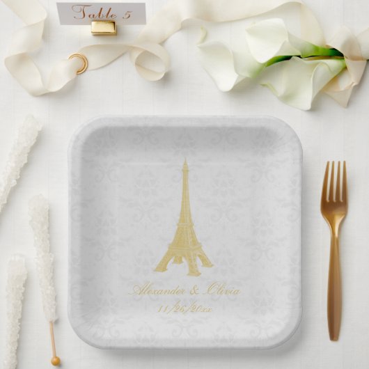 Gold Eiffel Tower Damask Wedding Shower Papieren Bordje (Huwelijk)