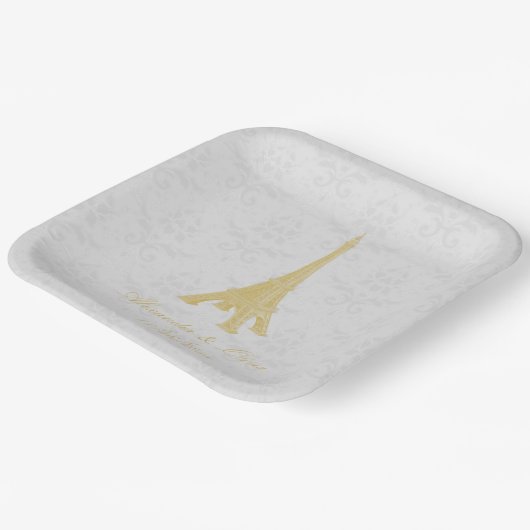 Gold Eiffel Tower Damask Wedding Shower Papieren Bordje (Gebogen)