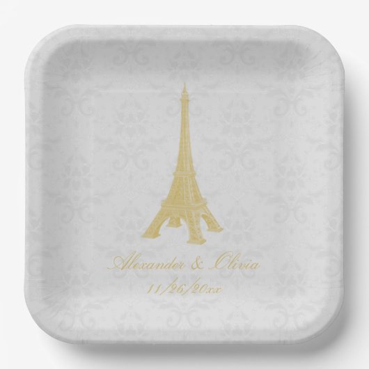 Gold Eiffel Tower Damask Wedding Shower Papieren Bordje (Voorkant)
