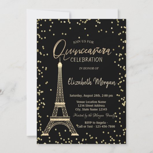 Gold Eiffel Tower Diamonds Black Quinceanera Kaart (Voorkant)
