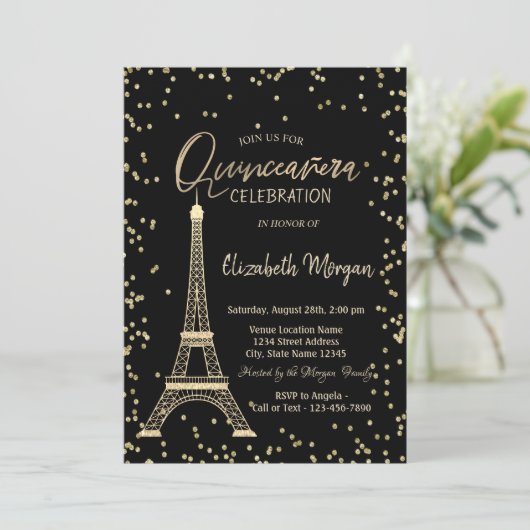 Gold Eiffel Tower Diamonds Black Quinceanera Kaart (Staand voorkant)