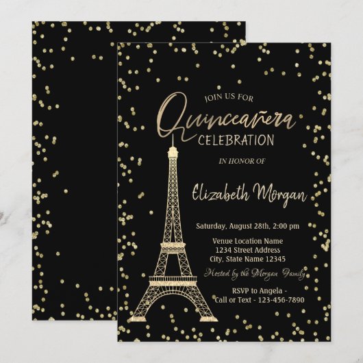 Gold Eiffel Tower Diamonds Black Quinceanera Kaart (Voorkant / Achterkant)