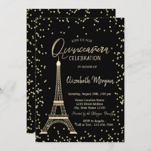 Gold Eiffel Tower Diamonds Black Quinceanera Kaart