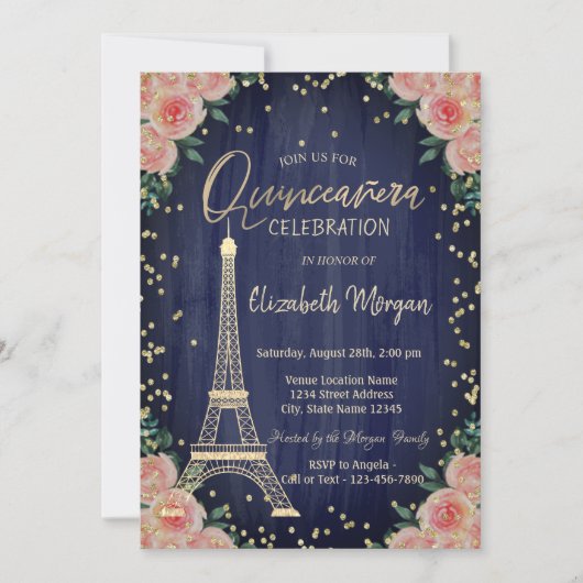 Gold Eiffel Tower Diamonds Flowers Quinceañera Kaart (Voorkant)