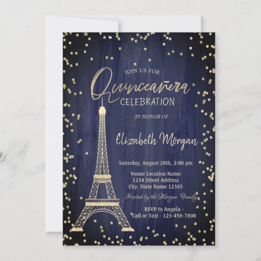 Gold Eiffel Tower Diamonds Navy Blue Quinceanera Kaart (Voorkant)