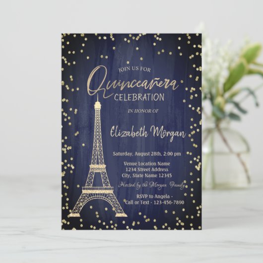 Gold Eiffel Tower Diamonds Navy Blue Quinceanera Kaart (Staand voorkant)
