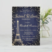 Gold Eiffel Tower Diamonds Navy Blue Sweet 16 Kaart (Staand voorkant)