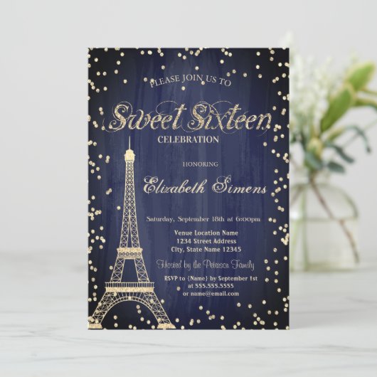 Gold Eiffel Tower Diamonds Navy Blue Sweet 16 Kaart (Staand voorkant)