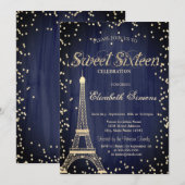Gold Eiffel Tower Diamonds Navy Blue Sweet 16 Kaart (Voorkant / Achterkant)