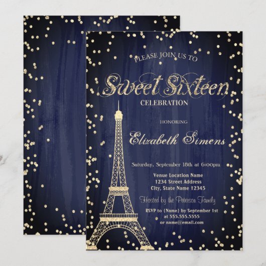 Gold Eiffel Tower Diamonds Navy Blue Sweet 16 Kaart (Voorkant / Achterkant)