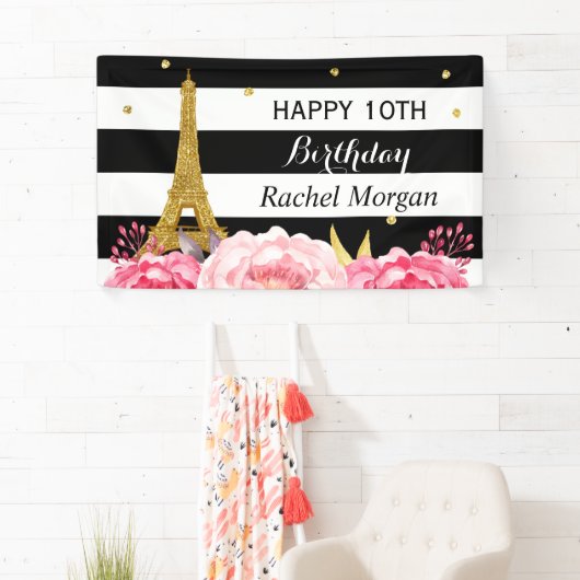 Gold Eiffel Tower Floral Girl Kinderen van Birthda Spandoek (Insitu)