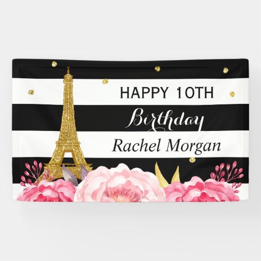 Gold Eiffel Tower Floral Girl Kinderen van Birthda Spandoek (Horizontaal)