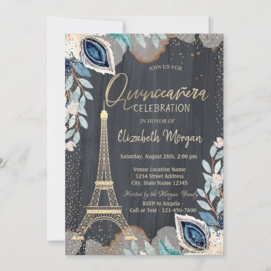 Gold Eiffel Tower, Flowers, Black Quinceañera Kaart (Voorkant)