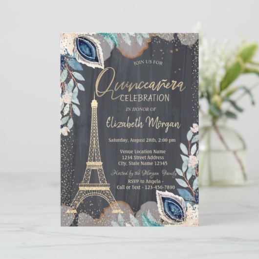 Gold Eiffel Tower, Flowers, Black Quinceañera Kaart (Staand voorkant)