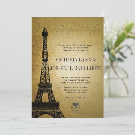 Gold Eiffel Tower  Musical Notes Wedding Kaart (Staand voorkant)